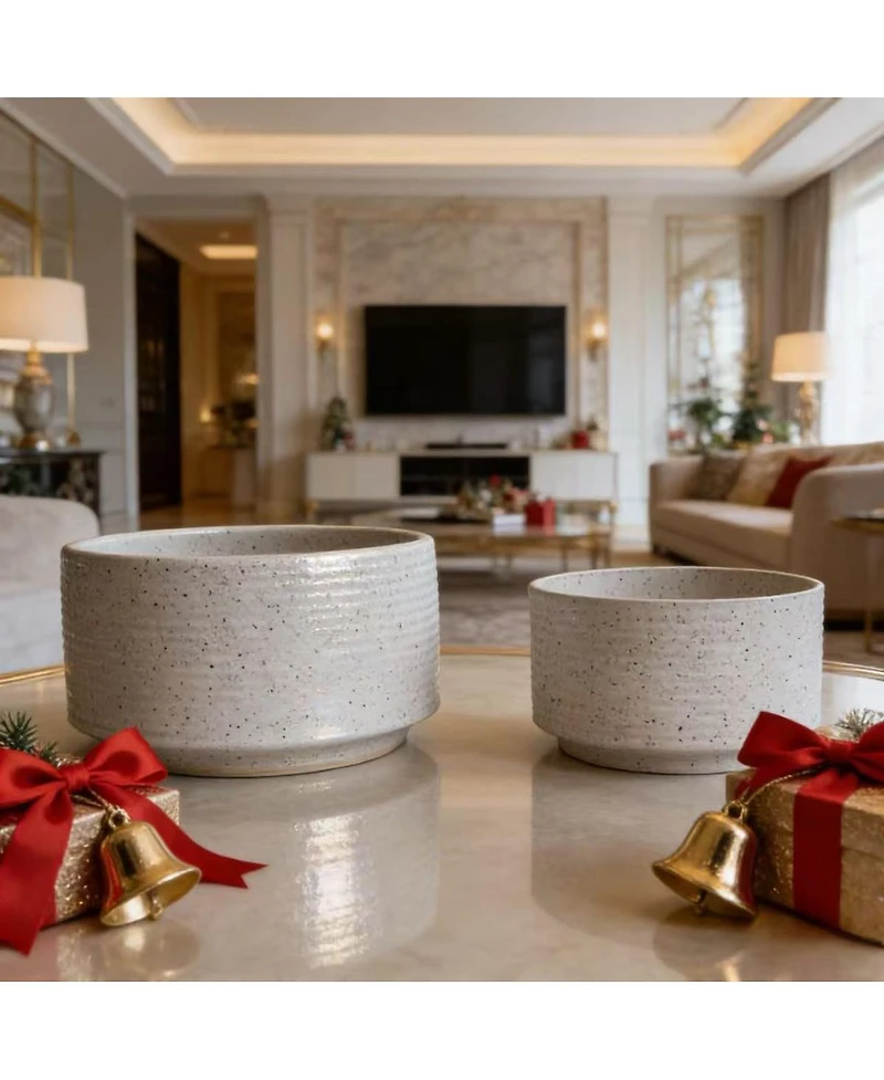 Streamdale Furniture Handmade Ceramic Planter Set (2), 11" & 8" Ridged, Breathable Clay for Plants