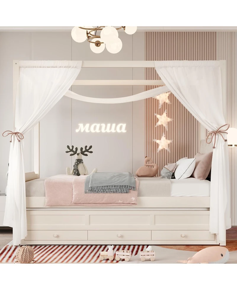 Streamdale Furniture Twin Upholstered Platform Bed with Trundle, 3 Drawers & Canopy