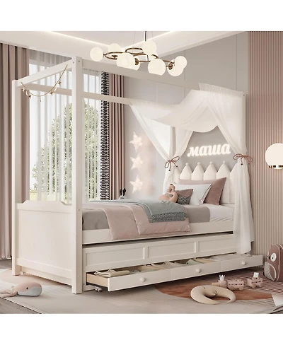 Streamdale Furniture Twin Upholstered Platform Bed with Trundle, 3 Drawers & Canopy