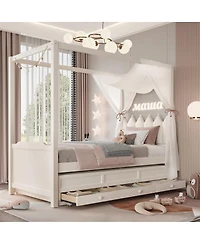 Streamdale Furniture Twin Upholstered Platform Bed with Trundle, 3 Drawers & Canopy