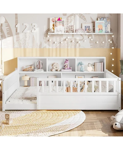 Streamdale Furniture Wooden Floor Bed With Fence Guardrail & Side Storage