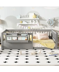 Streamdale Furniture Twin Floor Bed with Fence & Bookshelf, Wood Kids Bed