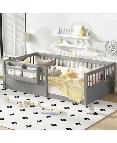 Streamdale Furniture Twin Floor Bed with Fence & Bookshelf, Wood Kids Bed