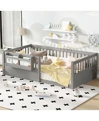 Streamdale Furniture Twin Floor Bed with Fence & Bookshelf, Wood Kids Bed