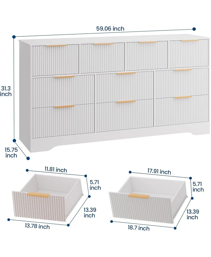 gaomon Fluted Dresser for Bedroom with 10 Drawers, 59" Wide Modern Chest of Drawers Wood Frame
