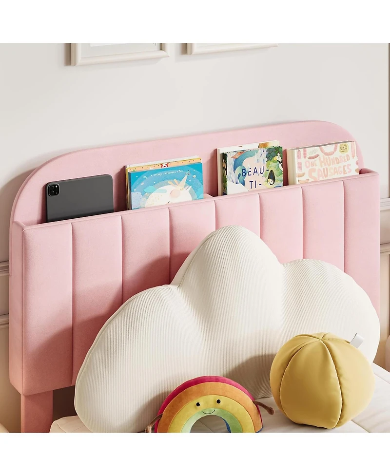 gaomon Twin Bed Frame with Storage Headboard, Velvet Upholstered Platform Bedframe for Kids, Girl Bed, Strong Wooden Slats, Noise-Free, Easy Assembly