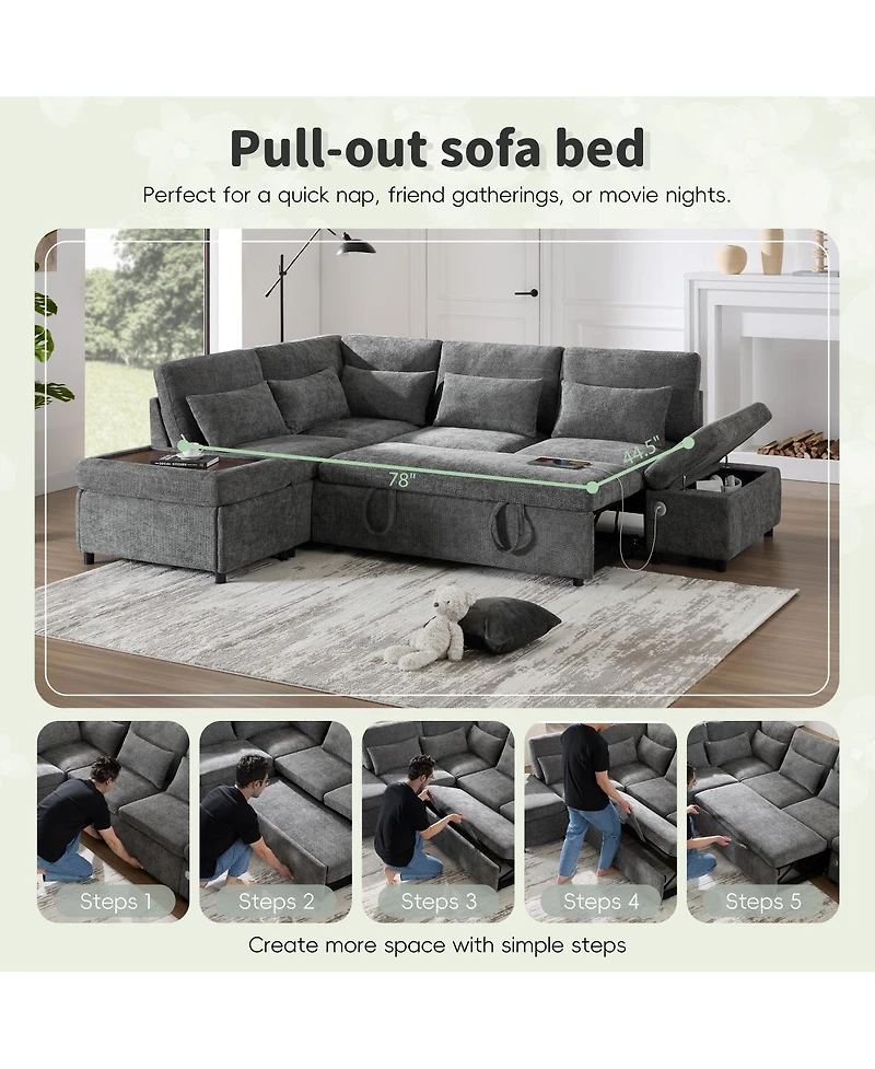 Streamdale Furniture L-Shaped Sleeper Sofa with Usb Charging and Storage