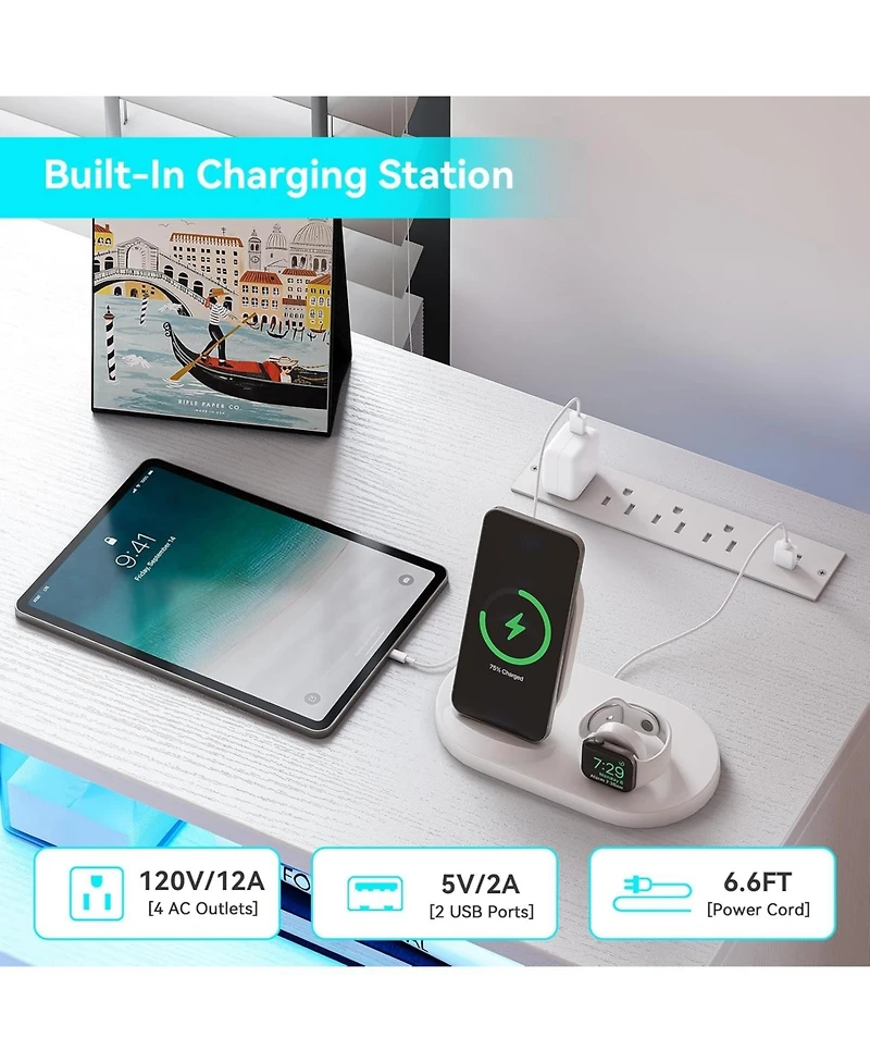 gaomon 7 Drawers Dresser for Bedroom, Dresser Tv Stand with Charging Station and Led Lights, Modern Wooden Large Capacity Storage Dresser