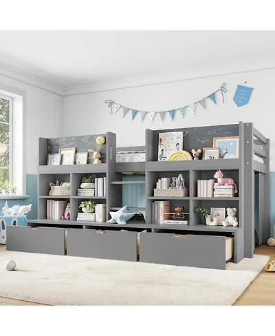Streamdale Furniture Loft Bed with Multi-Storage Shelves & Curtain, Chalkboard