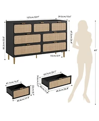 gaomon Rattan 7 Drawer Dressers for Bedroom, Tall Dresser with Deep Drawers, Large Chest of Drawers for Closet with Wide Top, Long Wooden Dresser