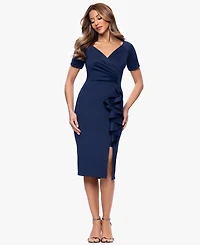 Xscape Women's V-Neck Ruffle Detail Midi Dress