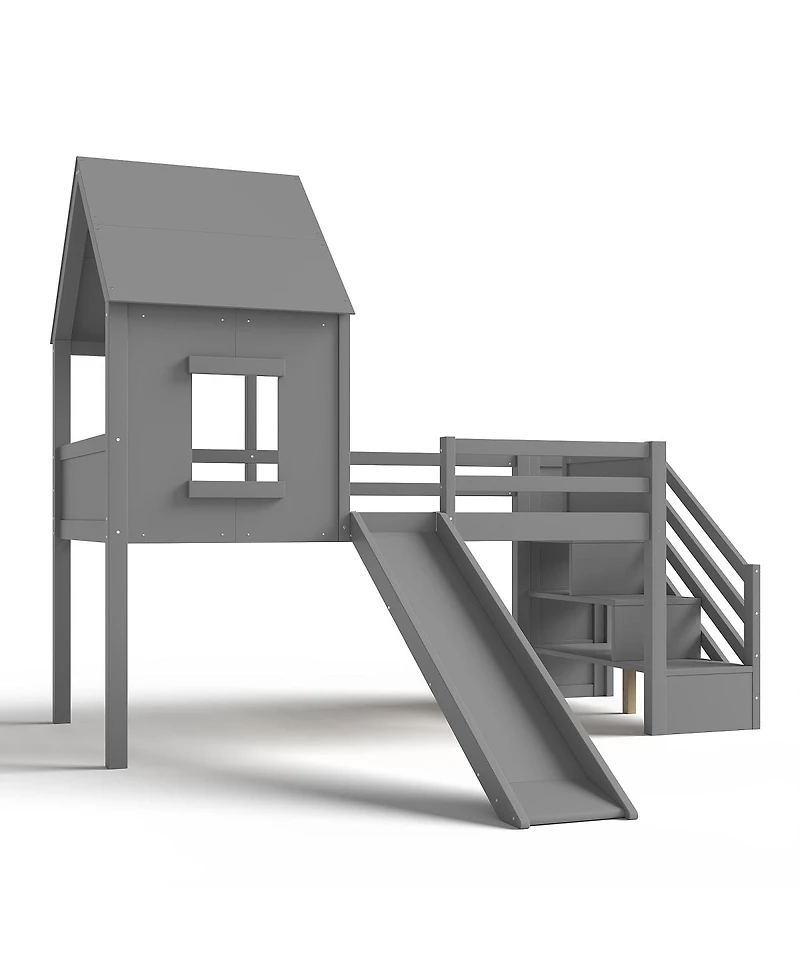 Streamdale Furniture Twin Loft Bed with Storage, Desk, Slide & Stairs