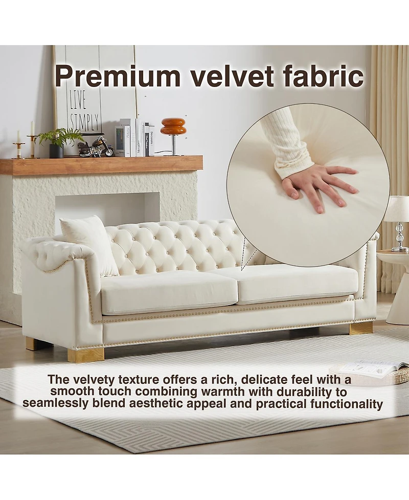 Streamdale Furniture Classic Modern Sofa, 84-inch Chesterfield with Rolled Arms and Tasseled Clouds in Velvet