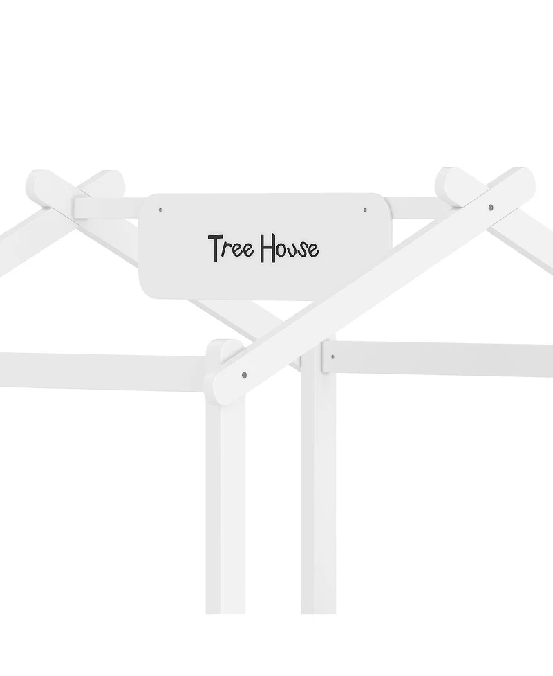 Streamdale Furniture Twin Size House Floor Bed with Guardrails, Roof, Tray & Signboard