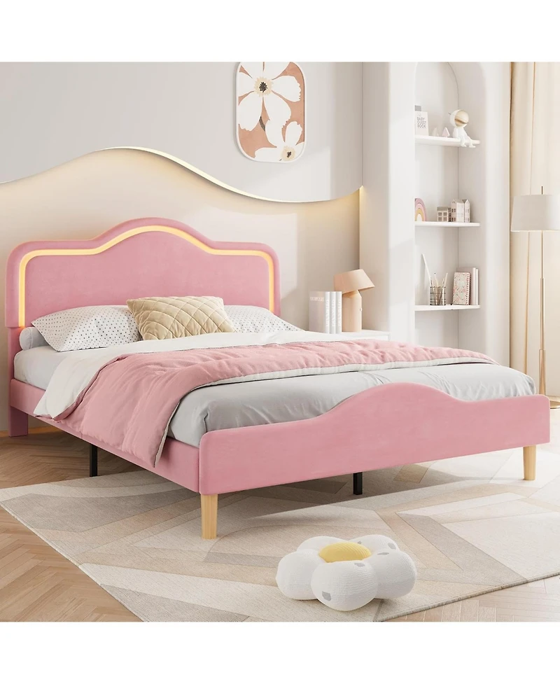 gaomon Upholstered Led Bed Frame with Adjustable Headboard and Footboard, Velvet Princess Platform Bedframe for Kids/Girls, Wooden Slats Support