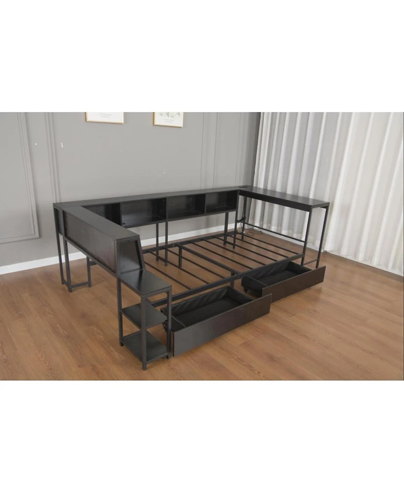 Streamdale Furniture Streamdale Corner Bed Frame with Bookcase, Led, Charging Station