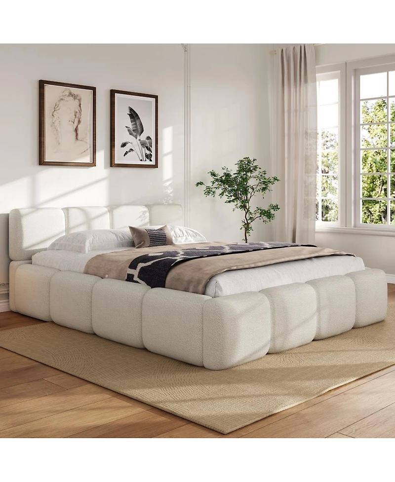 Streamdale Furniture Queen Size Boucle Platform Bed with Thick Headboard and Footboard
