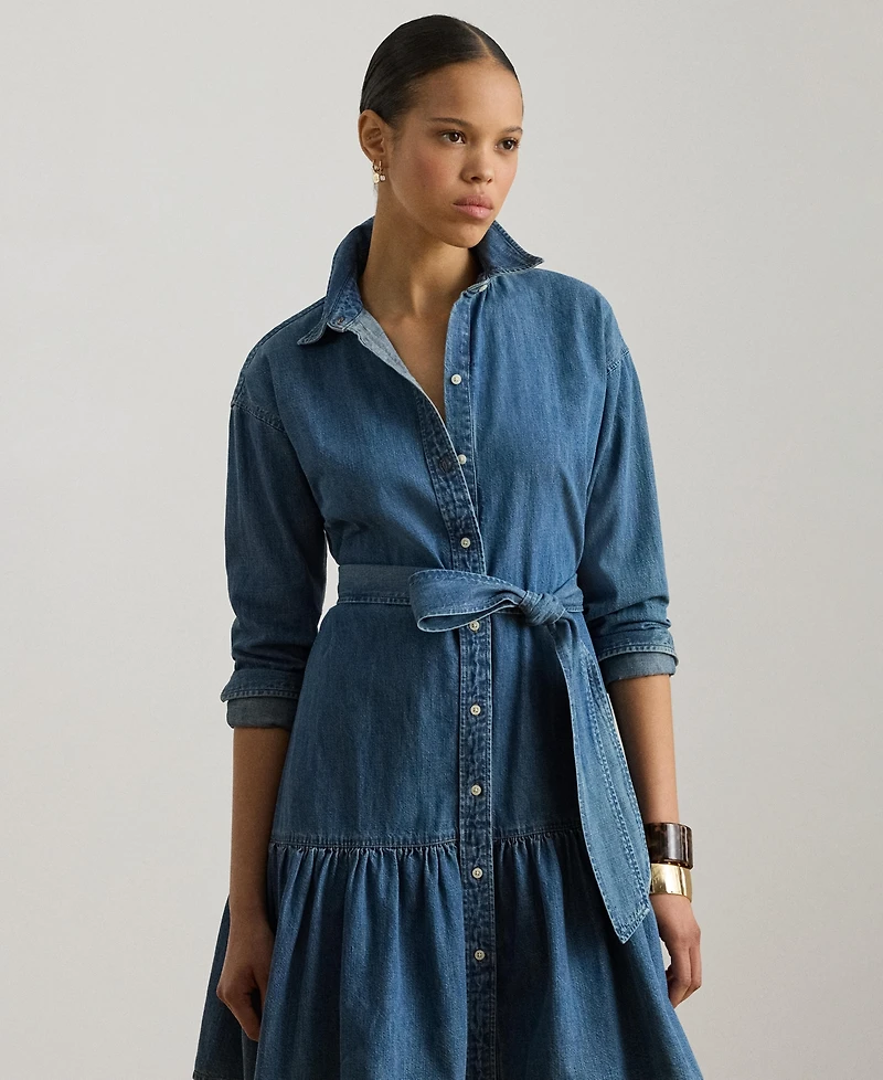 Lauren Ralph Women's Long-Sleeve Belted Tiered Collared Denim Shirt Dress