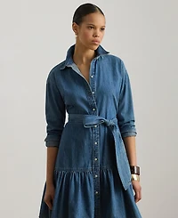Lauren Ralph Women's Long-Sleeve Belted Tiered Collared Denim Shirt Dress