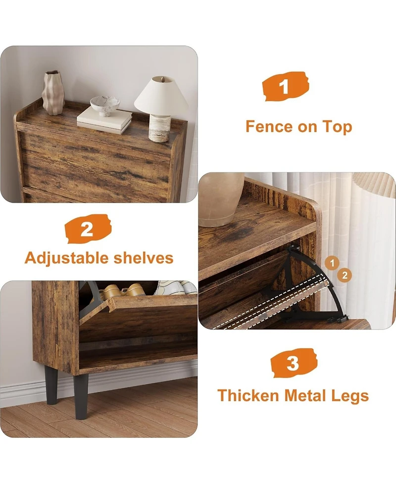 gaomon Wooden Shoe Cabinet with 2 Flip Drawers – Adjustable Shelf Shoe Organizer, Hidden Freestanding Shoe Storage for Entryway, Hallway, Livin