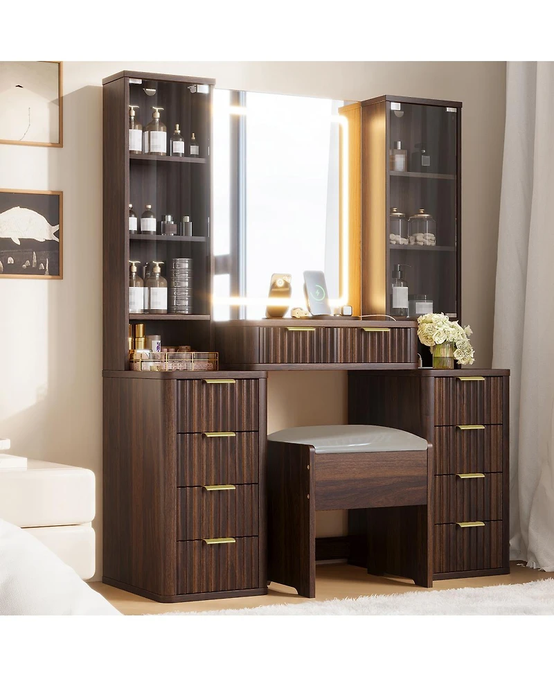 Streamdale Furniture 43.5" Fluted Makeup Vanity Desk w/ Mirror, Lights, 10 Drawers