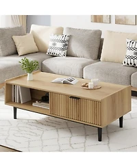 gaomon Coffee Table 42.5" Mid Century Modern Center Table with Drawer Fluted Living Room Table