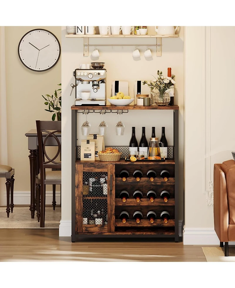 gaomon 3-Tier Wine Bar Cabinet with Led Detachable Wine Rack and Storage Space Buffet Cabinet with Glass Holder and Mesh Door