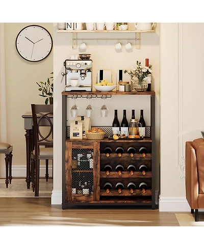 gaomon 3-Tier Wine Bar Cabinet with Led Detachable Wine Rack and Storage Space Buffet Cabinet with Glass Holder and Mesh Door