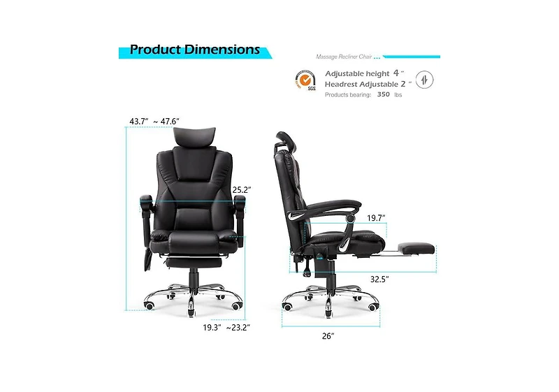 Aecojoy Office Chair with 7 Points Vibration Massage&Heat, Adjustable Ergonomic Recliner