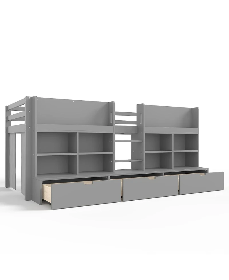 Streamdale Furniture Twin Xl Loft Bed w/ Multi-Storage Shelves, Curtain & Chalkboard