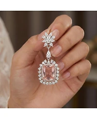 Sterling Silver with White Gold Plated Pink with Clear Cubic Zirconia Halo Drop Earrings