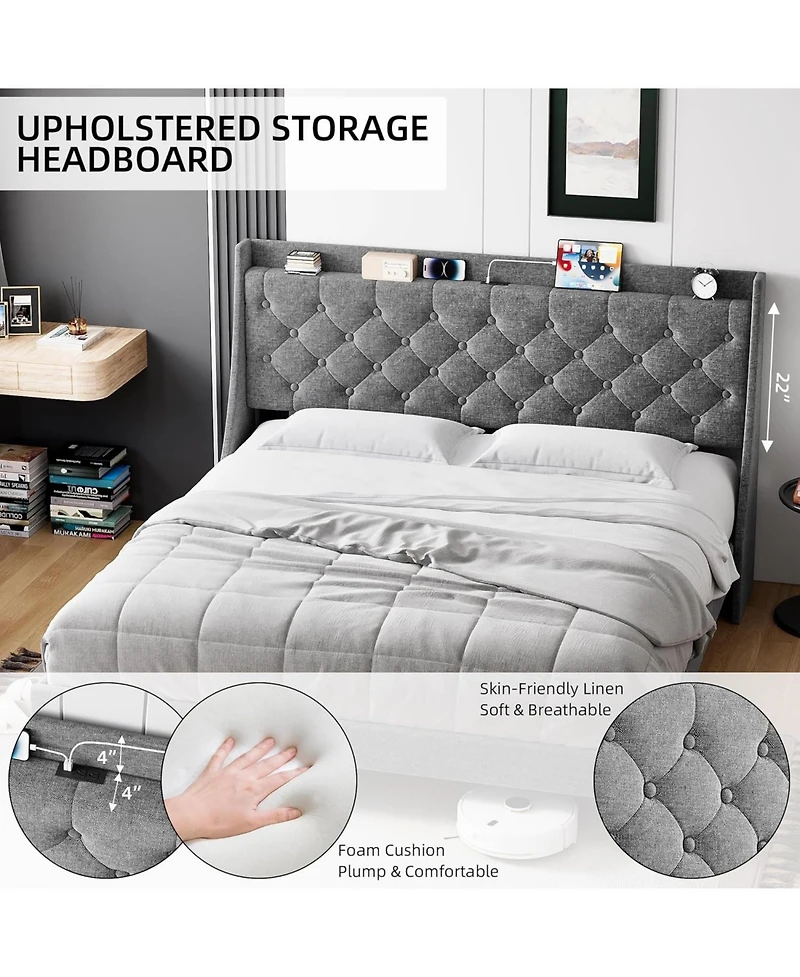 gaomon King Size Platform Bed Frame with Storage Headboard & Usb Charging Station | Button Tufted Upholstery, Noise-Free Design