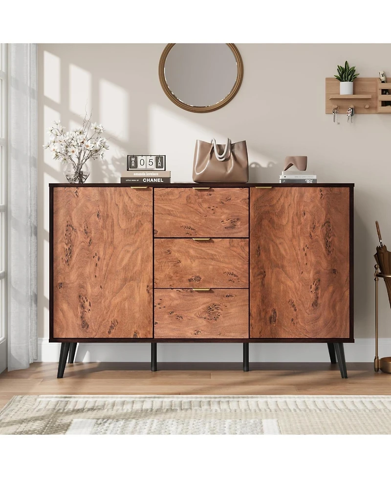 gaomon Sideboard Buffet Cabinet with 3 Drawers, Wooden Storage Coffee Bar for Dining Room, Brown