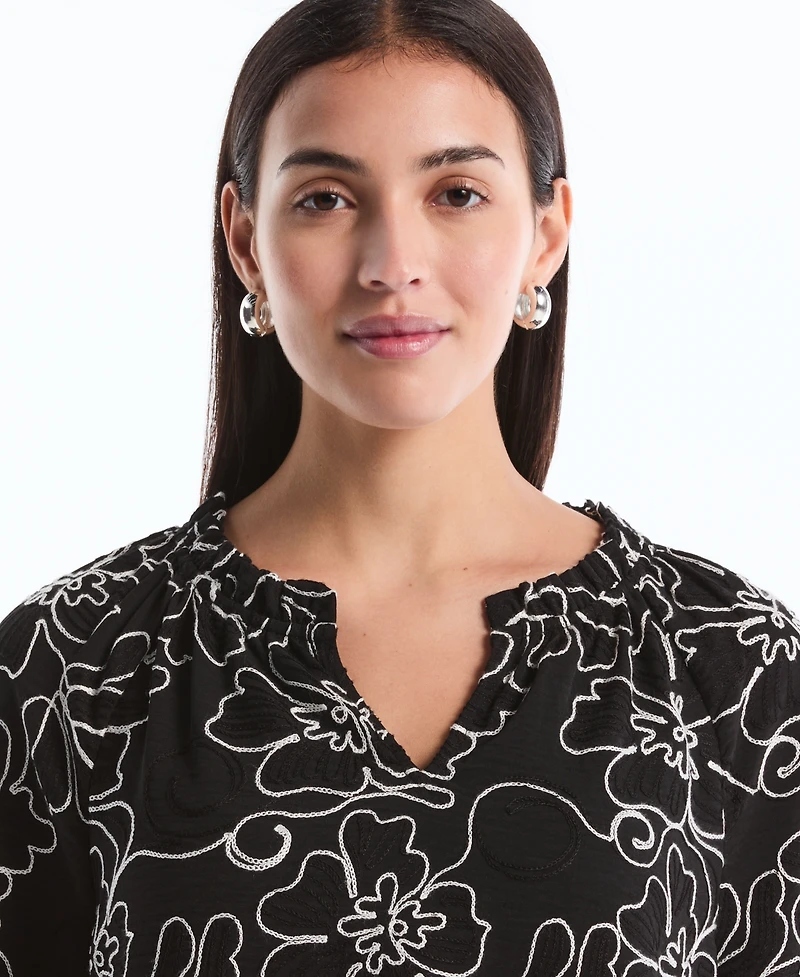 Rafaella Petite Floral Embroidered 3/4-Sleeve Blouse
