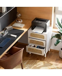 Yigii Boho Style Tall Rattan Nightstand with Charging Station