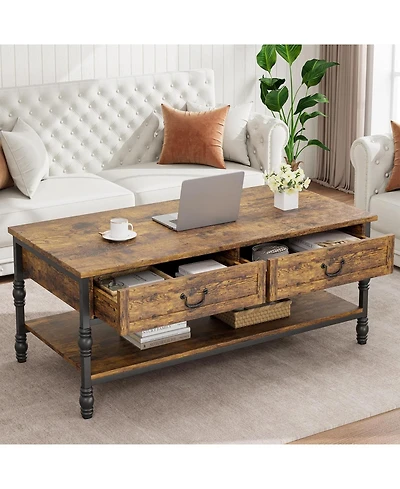 gaomon Coffee Table with Drawers 41" Large Center Table with Storage Rectangular Cocktail Table Mid Century Wooden Coffee Tables