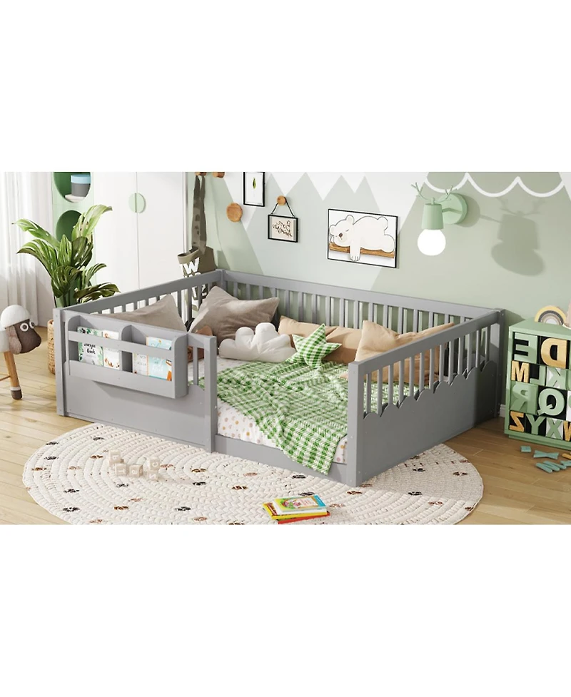 Streamdale Full Floor Bed with Fence and Bookshelf, Wood Kids Floor Bed, Gray.