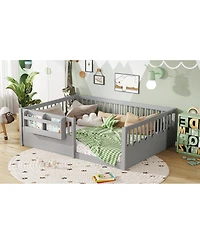 Streamdale Full Floor Bed with Fence and Bookshelf, Wood Kids Floor Bed, Gray.