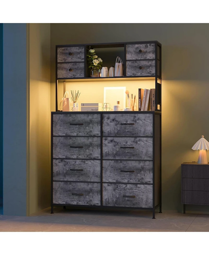 gaomon Dresser for Bedroom Drawer Fabric Chest with Led Lighting, Power Outlet and Open Shelves, Wood Top & Metal Frame for Bedroom, Hallway