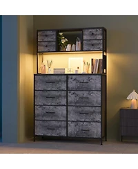 gaomon Dresser for Bedroom Drawer Fabric Chest with Led Lighting, Power Outlet and Open Shelves, Wood Top & Metal Frame for Bedroom, Hallway