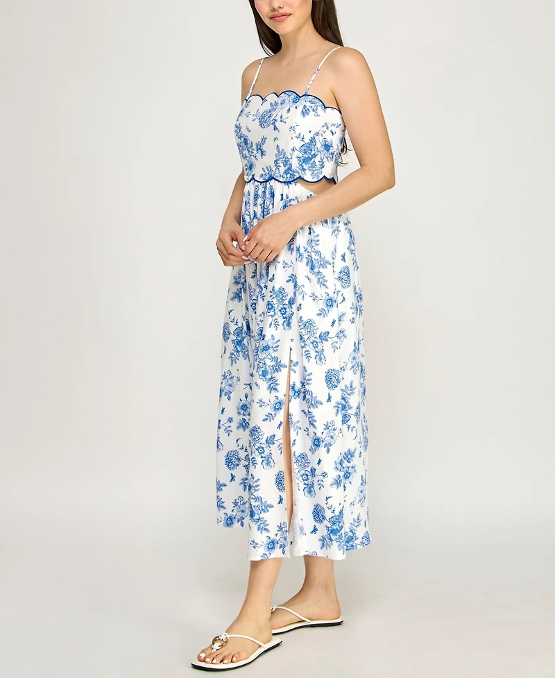 Row A Juniors' Sleeveless Scallop Trim Slim Midi Dress