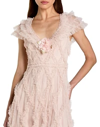 Mac Duggal Women's Micro Ruffle Cap Sleeve A-Line Midi Dress