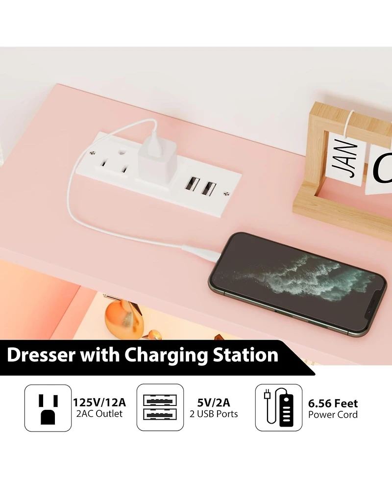 Gaomon Pink Dresser with Charging Station, Led Tv Stand, 6-Drawer Modern Wood Storage for Bedroom, Closet or Living Room