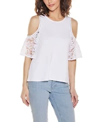 Belldini Womens Crochet Lace Cold Shoulder Top