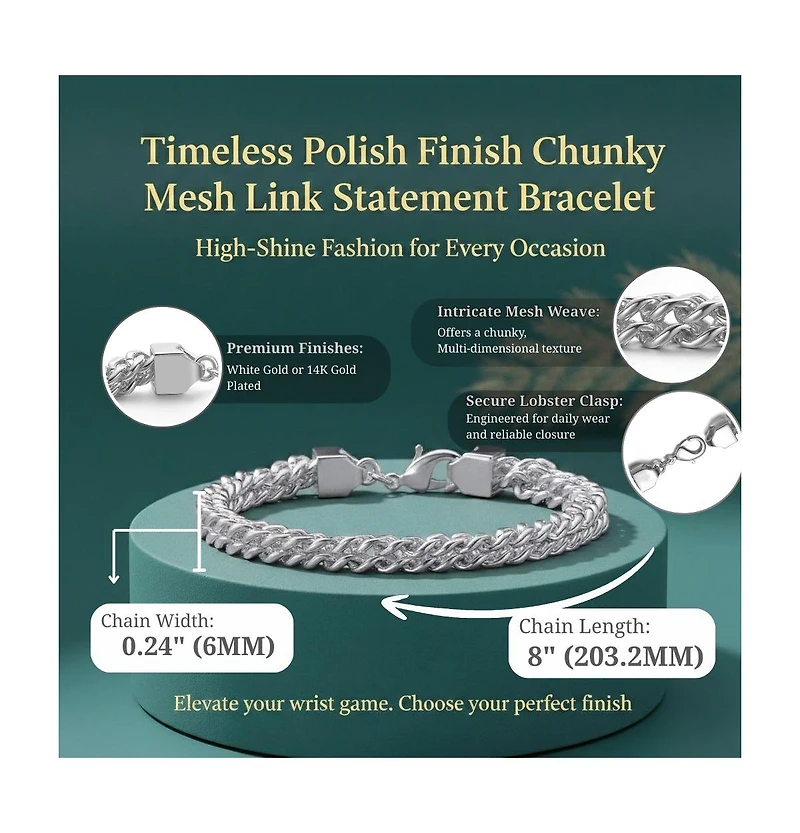 14K Gold Plated or White Mesh Link Bracelet