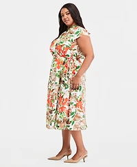Kasper Plus Printed Split-Neck Cap-Sleeve Dress