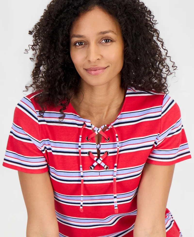 Style & Co Women's Striped Lace-Up Short-Sleeve Top, Macy's Exclusive
