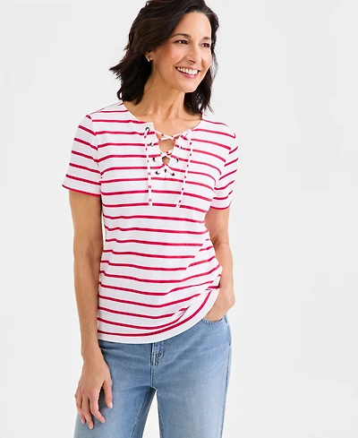 Style & Co Women's Striped Lace-Up Short-Sleeve Top, Macy's Exclusive