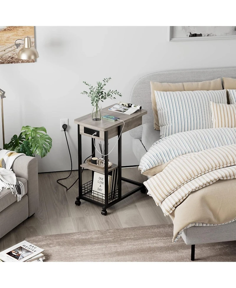 gaomon C Shaped Side Table with Charging Station, Flip Top Sofa End Table with Usb Ports and Outlets, Narrow Side Table