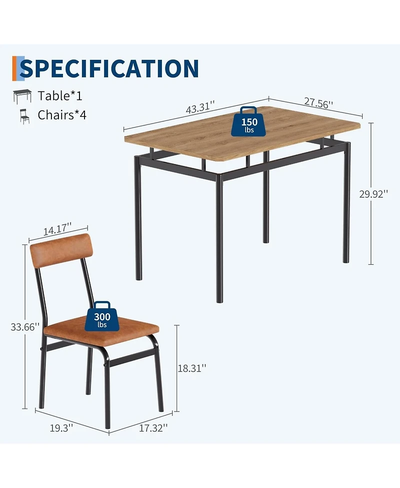 gaomon Dining Table Set for 4 5 Piece Wooden Dining Table and Chairs 4 Pu Upholstered Chair Modern Metal Frame Dinette Set for Dining Room Home Dinner